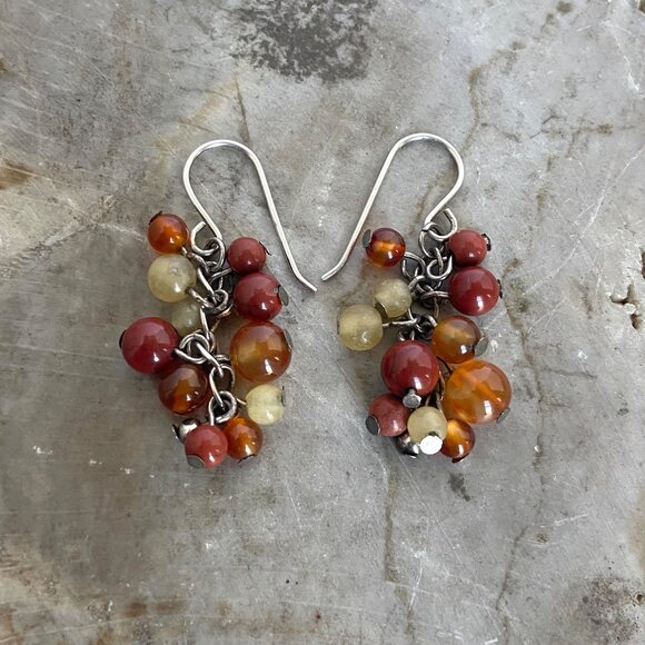 Sterling Silver 925 Beaded Red Jasper Multi-stone Dangle Drop Earrings - Picture 3 of 16